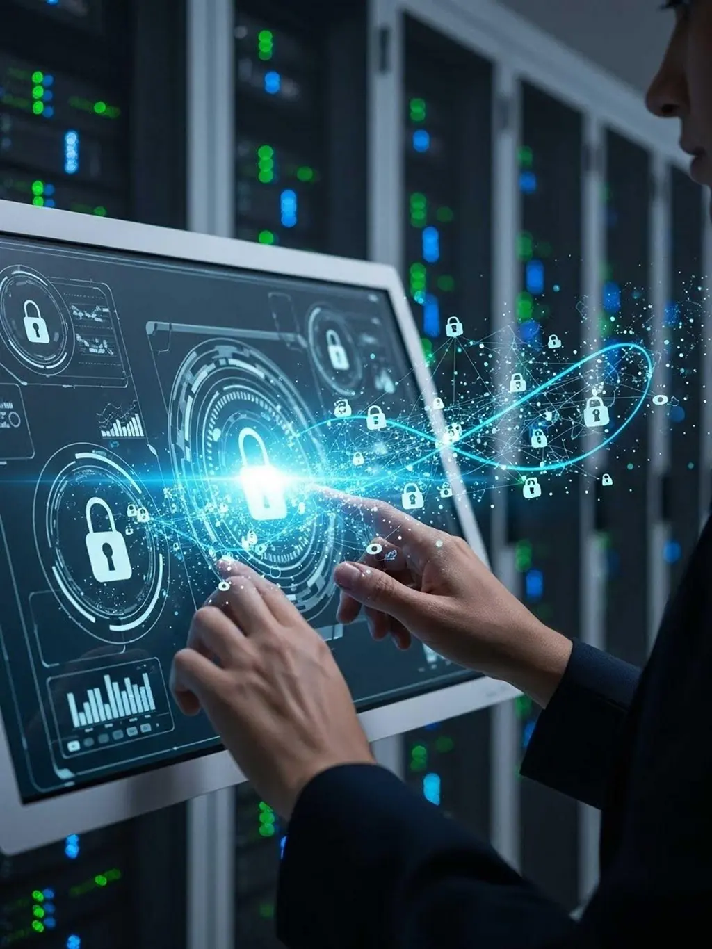 Security professional monitoring digital access control system and cybersecurity dashboard in a secure data server environment.